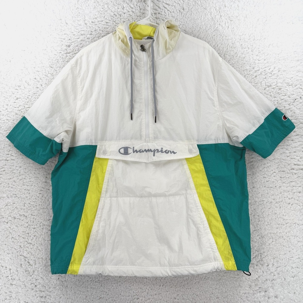 Champion Jacket Mens XL White Teal Hooded 1/2 Zip Short Sleeve Windbreaker